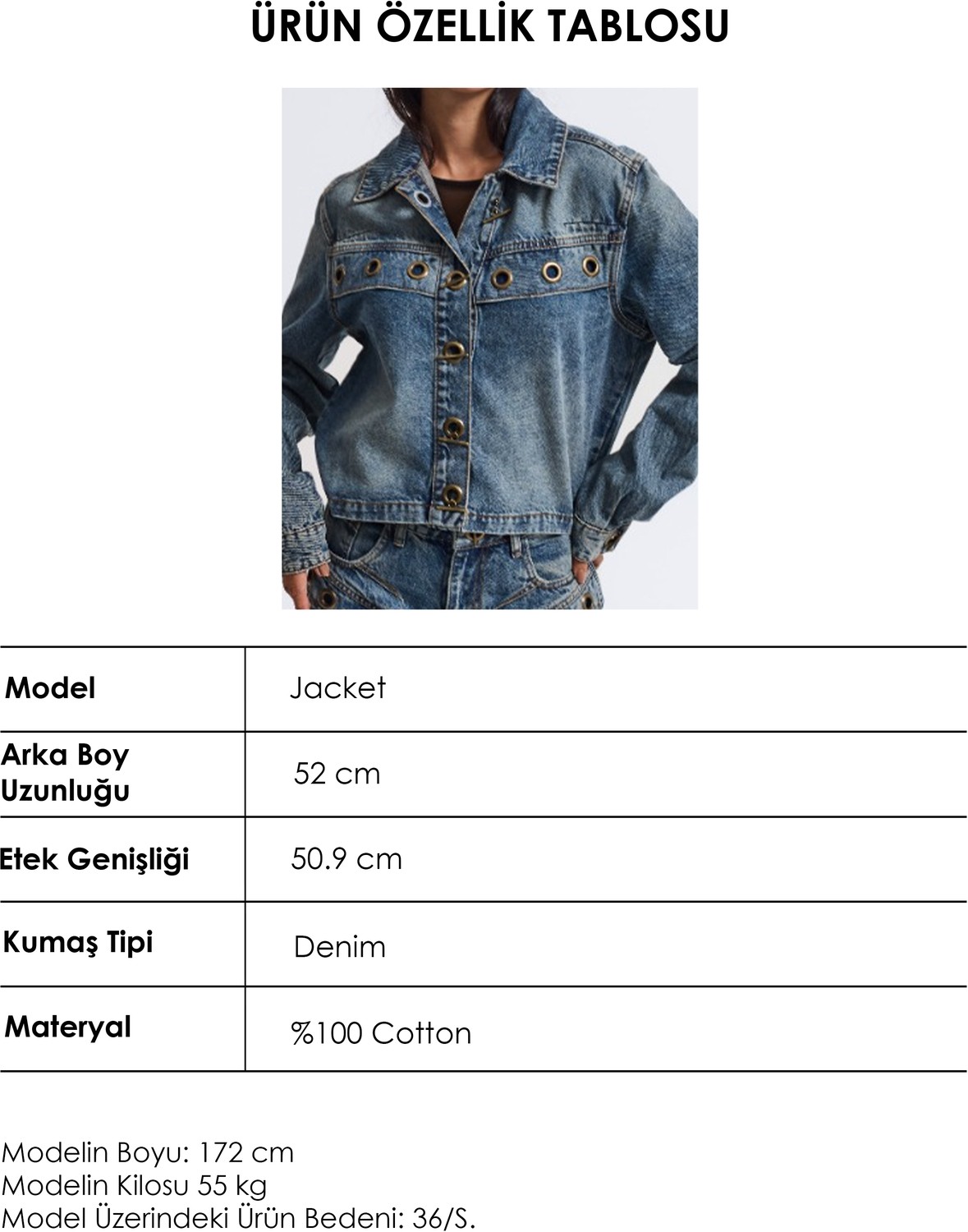 It's Basic Kadın Kot Rengi 4W6-8 Kemer Boy Kuş Gözü Detaylı Özel Tasarım Denim Ceket görsel 6