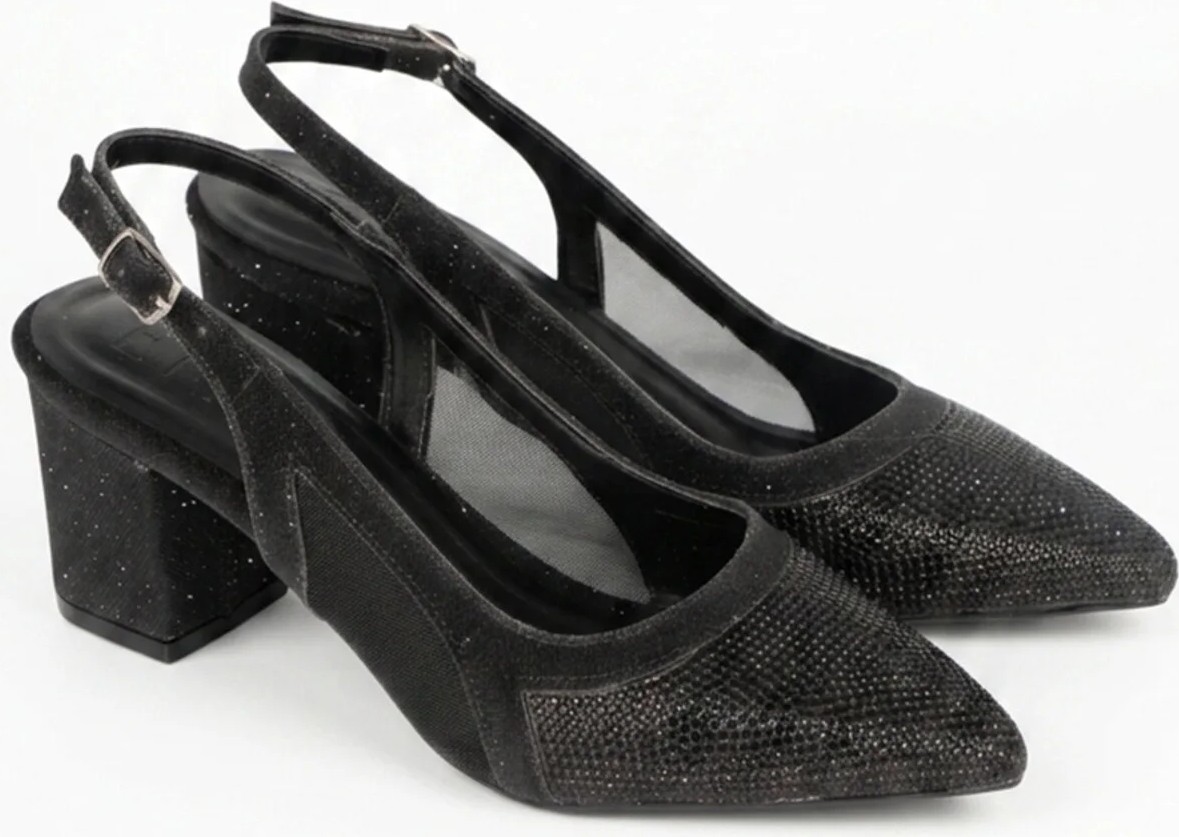 Eysha Arissa Kadın Taş Işlemeli File Detaylı Slingback Kalın Topuklu Stiletto 7 cm görsel 3