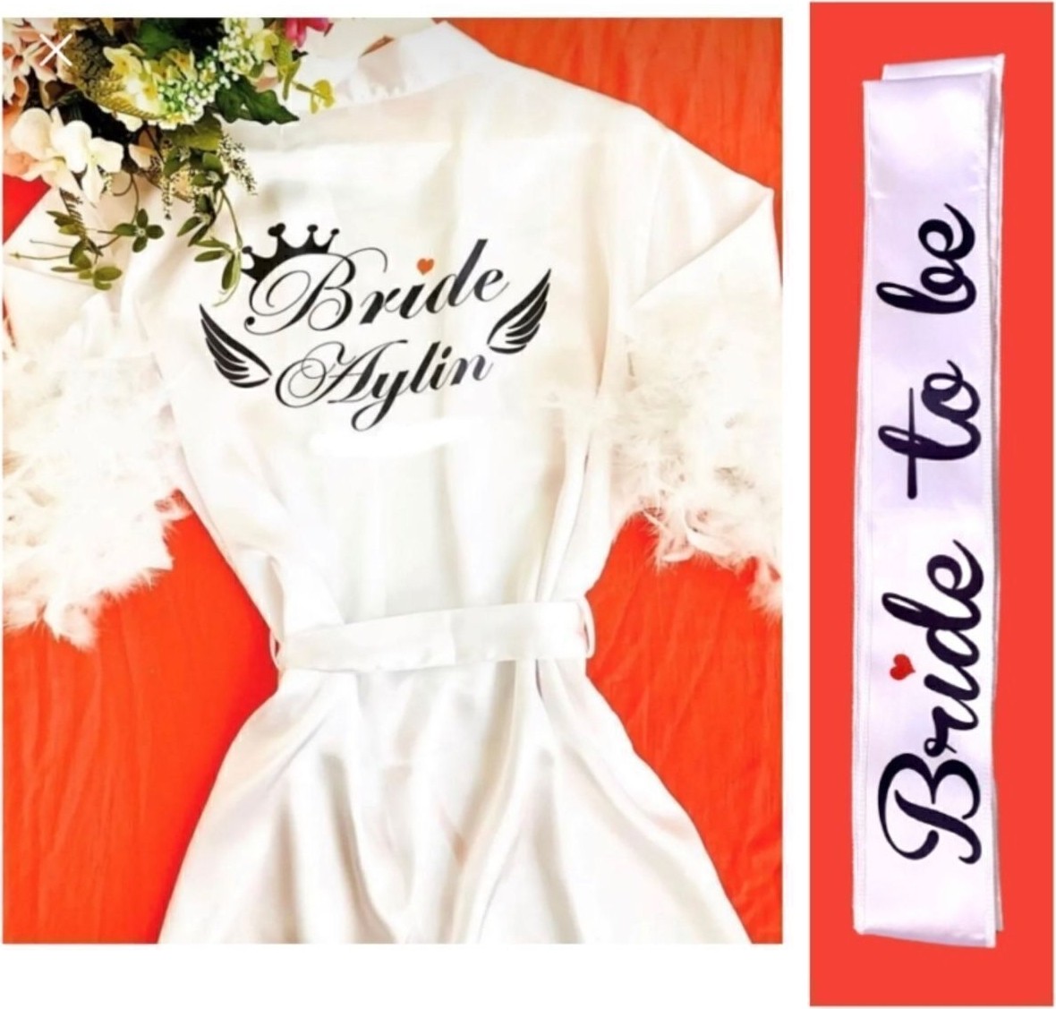 Bride By Victoria ( Isminizi Yazıyoruz) Gelin Sabahlığı Bride Sabahlık Kollar Tüylü ve Bride To Be Kuşak görsel 8