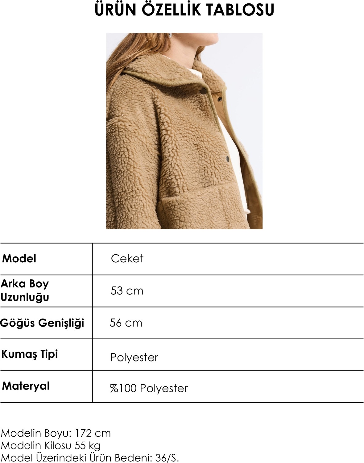 It's Basic Kadın Sütlü Kahve W6-57 Kemer Boy Teddy Kumaş Ceket Mont görsel 6