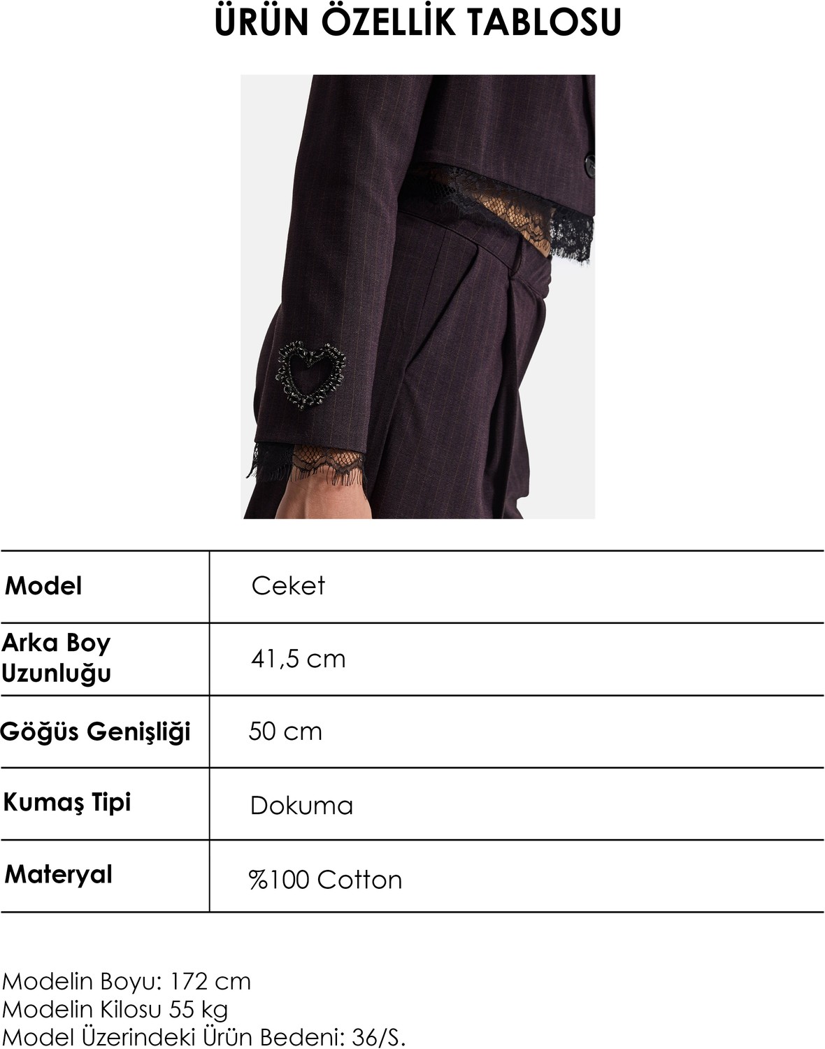 It's Basic Kadın Mürdüm Çizgili W6-52 Dantel ve Aksesuar Detaylı Crop Kruvaze Tasarım Ceket görsel 6