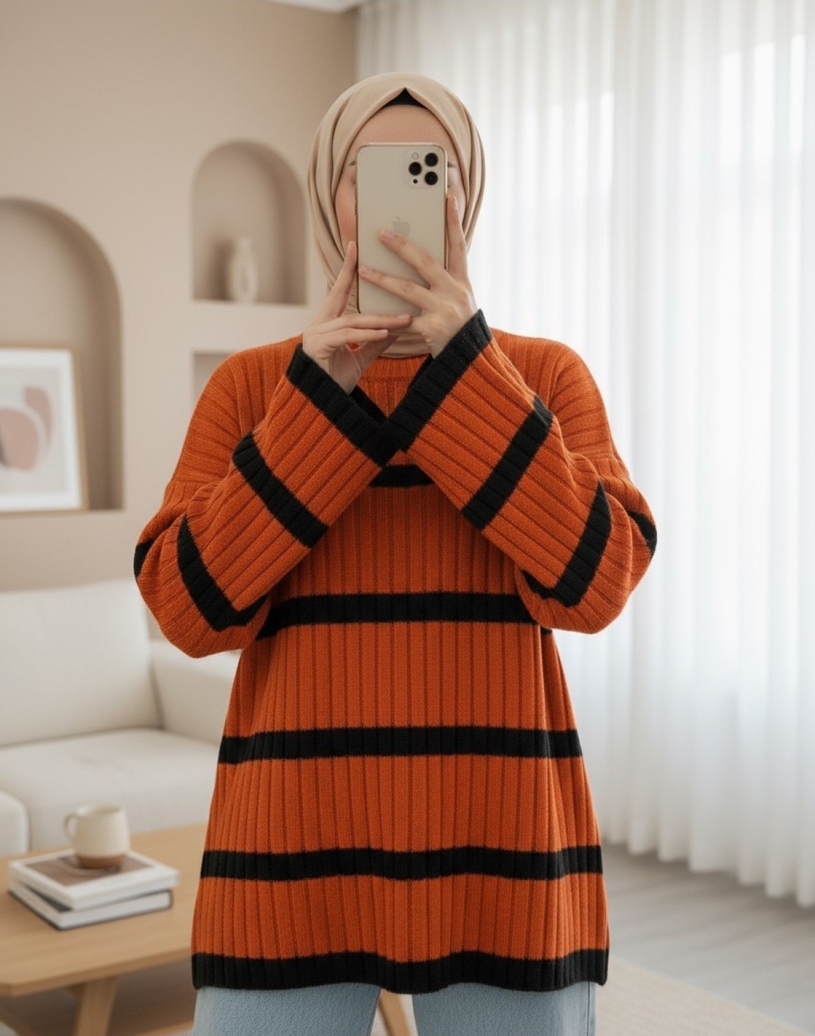 Moda Morfo Salaş Kollu Çizgili Triko Kazak -Fuşya