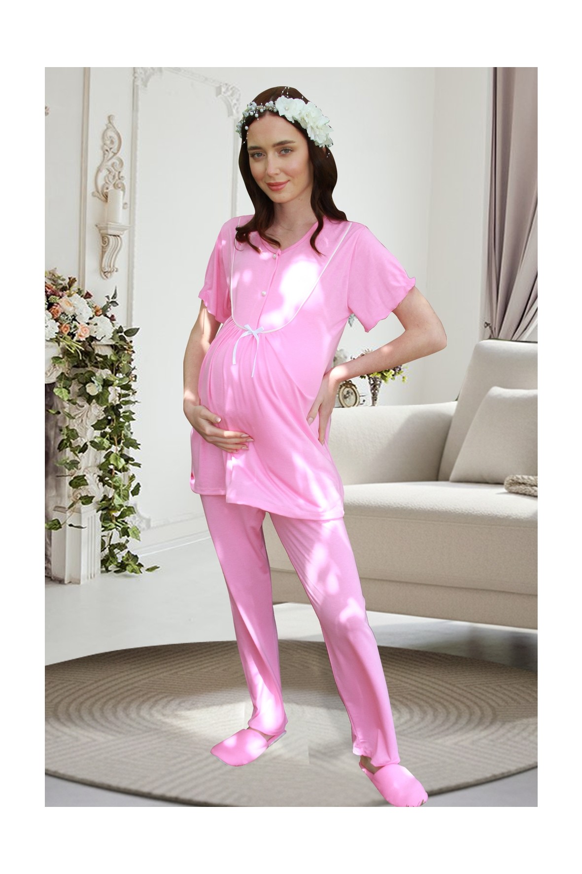 Jenika Hamile Uzun Kollu Sabahlıklı Düğme ve Biye Detaylı 3 Lü Pijama Takımı