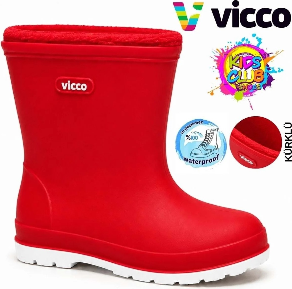 Vicco Mellow Kürklü Pvc Su Çizmesi Yağmur Botu Ortopedik Çocuk Bot Kırmızı