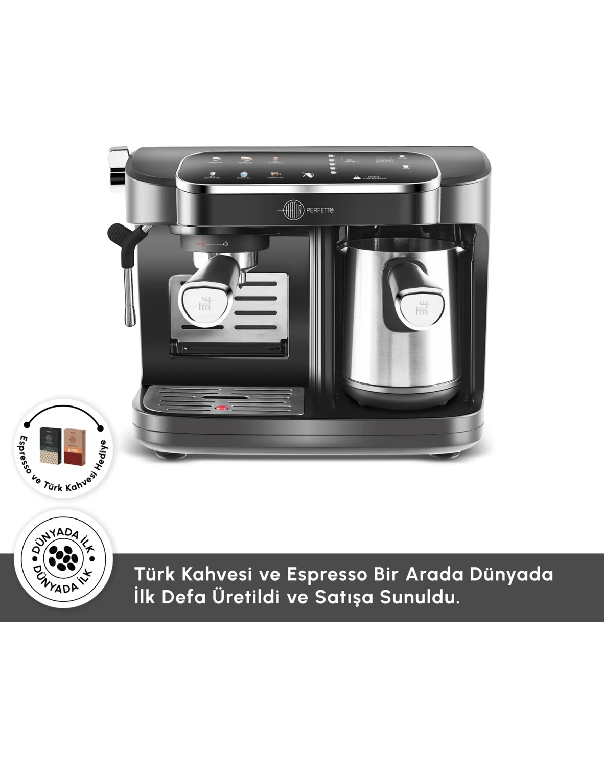 Resim Karaca Hatır Perfetto Dijital ve Dokunmatik Ekranlı Espresso ve Türk Kahve Makinesi 
