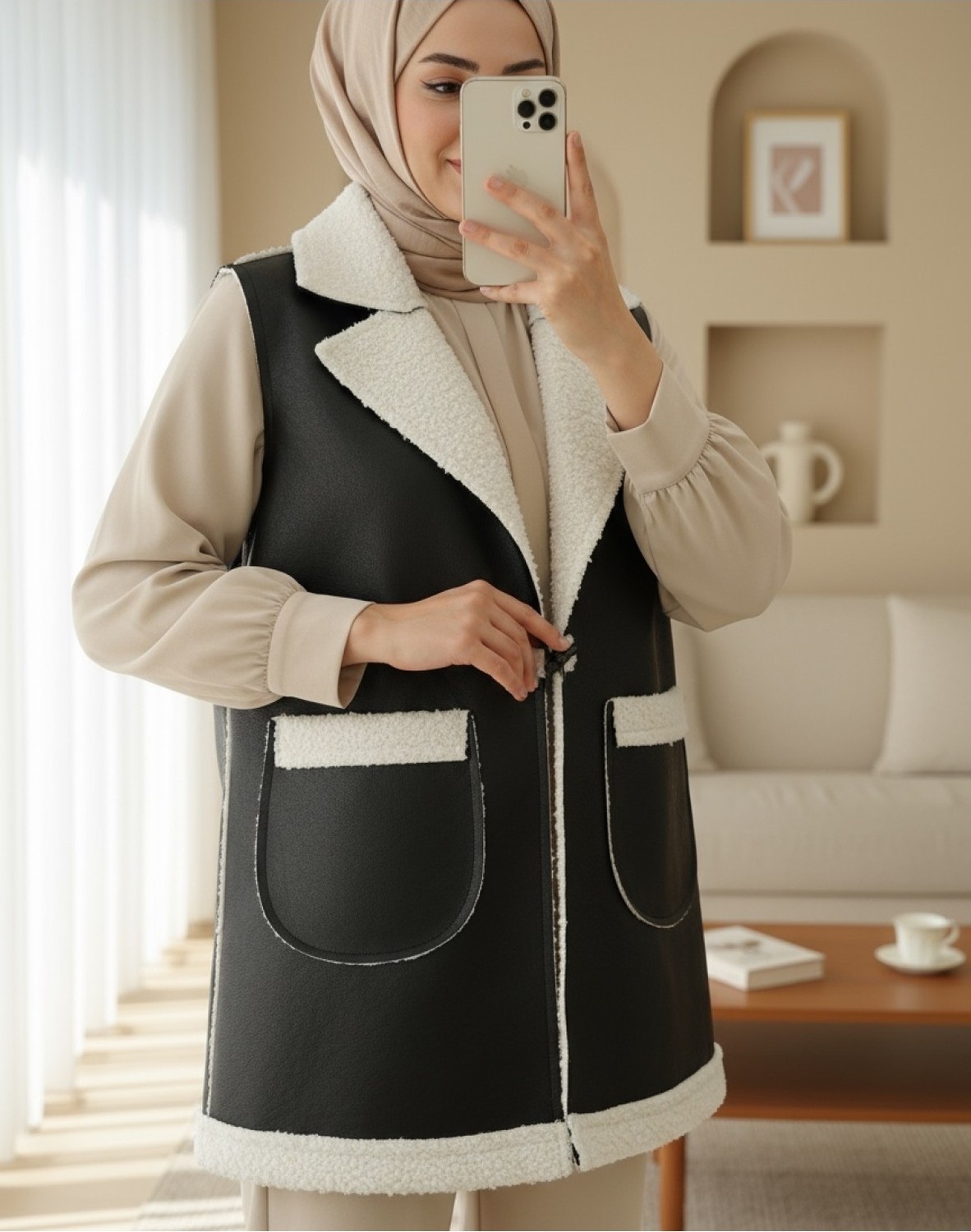 Moda Morfo İçi Kuzu Peluş Çift Cepli Yelek -Ekru görsel 8