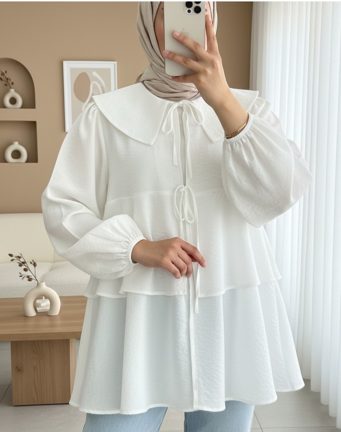 Moda Morfo Bebe Yaka Önü Bağcıklı Eteği Katlı Kimono -Beyaz görsel 2