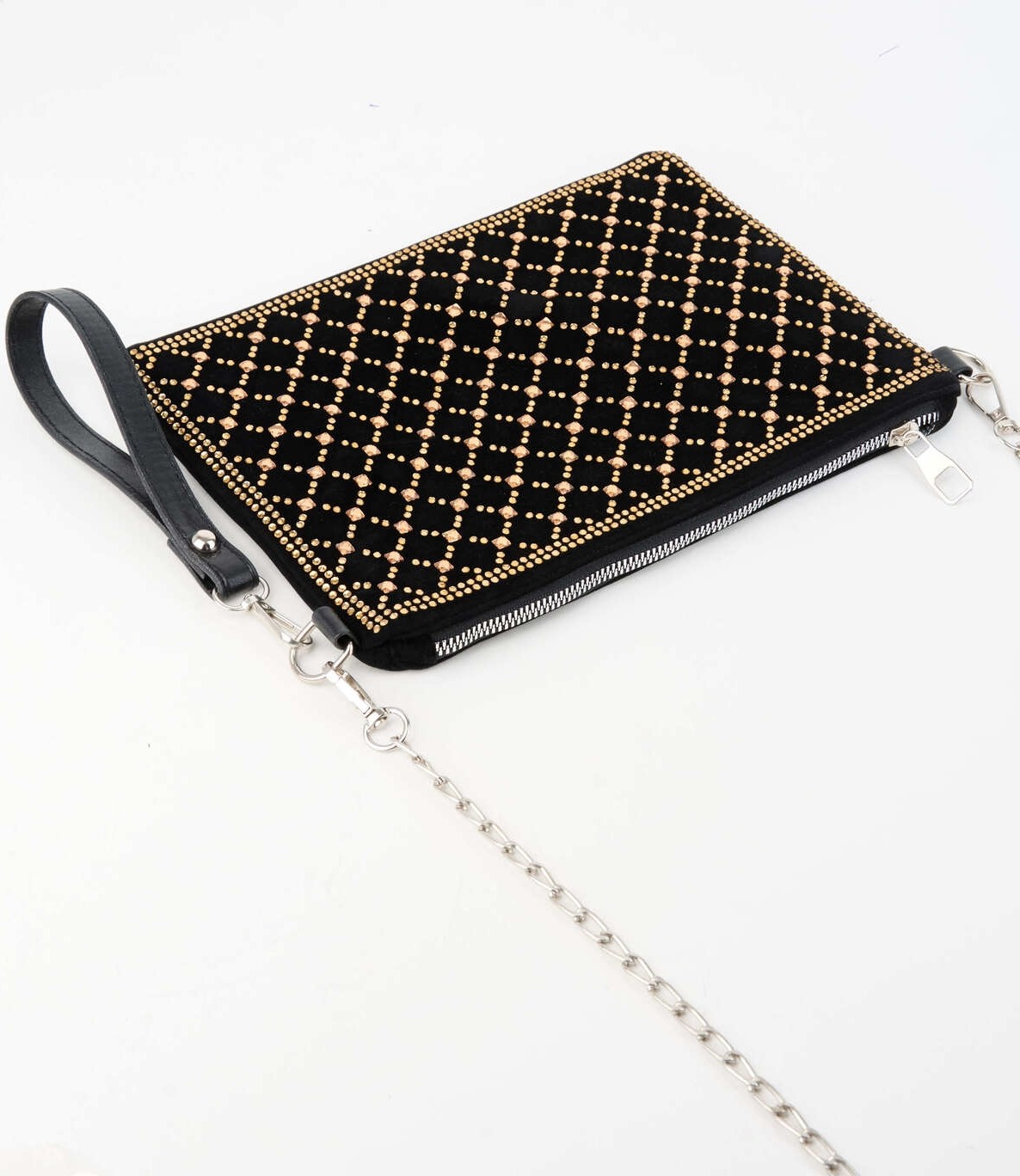 Vivaq Kadın Kapitone Altın Taşlı Süet Bilek Askılı ve Zincir Askılı Portföy El ve Clutch Çanta görsel 3