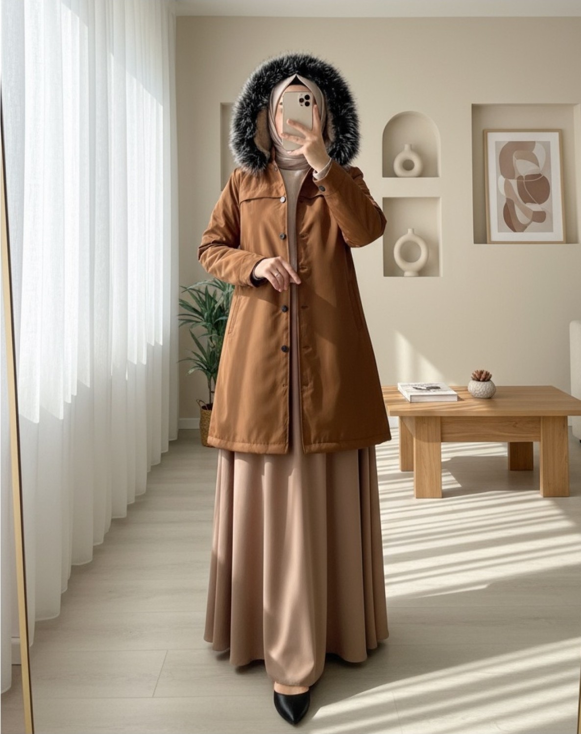 Moda Morfo Çıkma Kapşonlu Çıtçıtlı Cepli Kısa Kaban -Laci