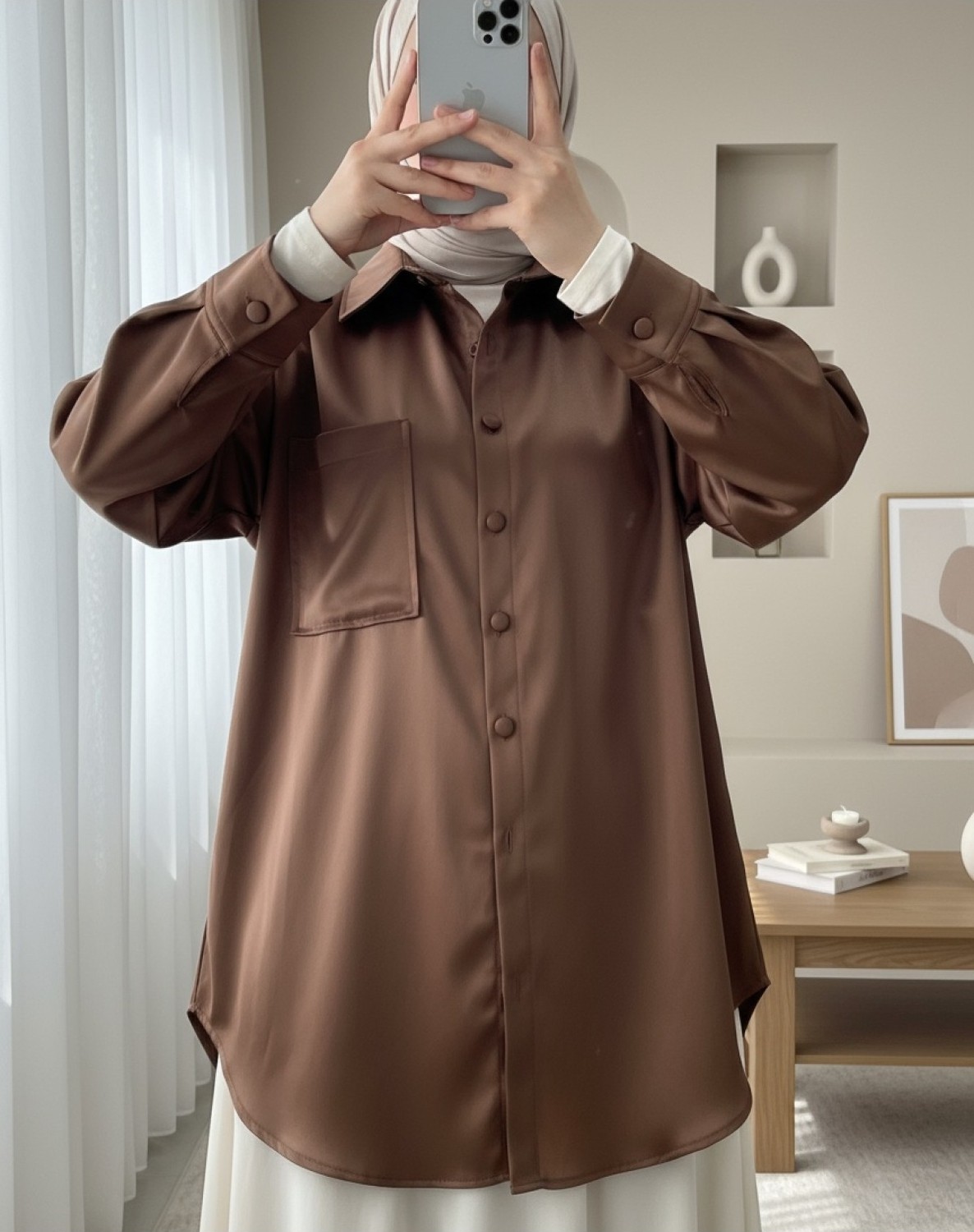 Moda Morfo Tek Cepli Oval Kesim Deri Gömlek -Bej