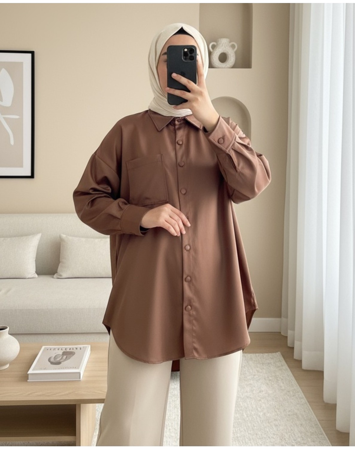 Moda Morfo Tek Cepli Oval Kesim Deri Gömlek -Bej görsel 2