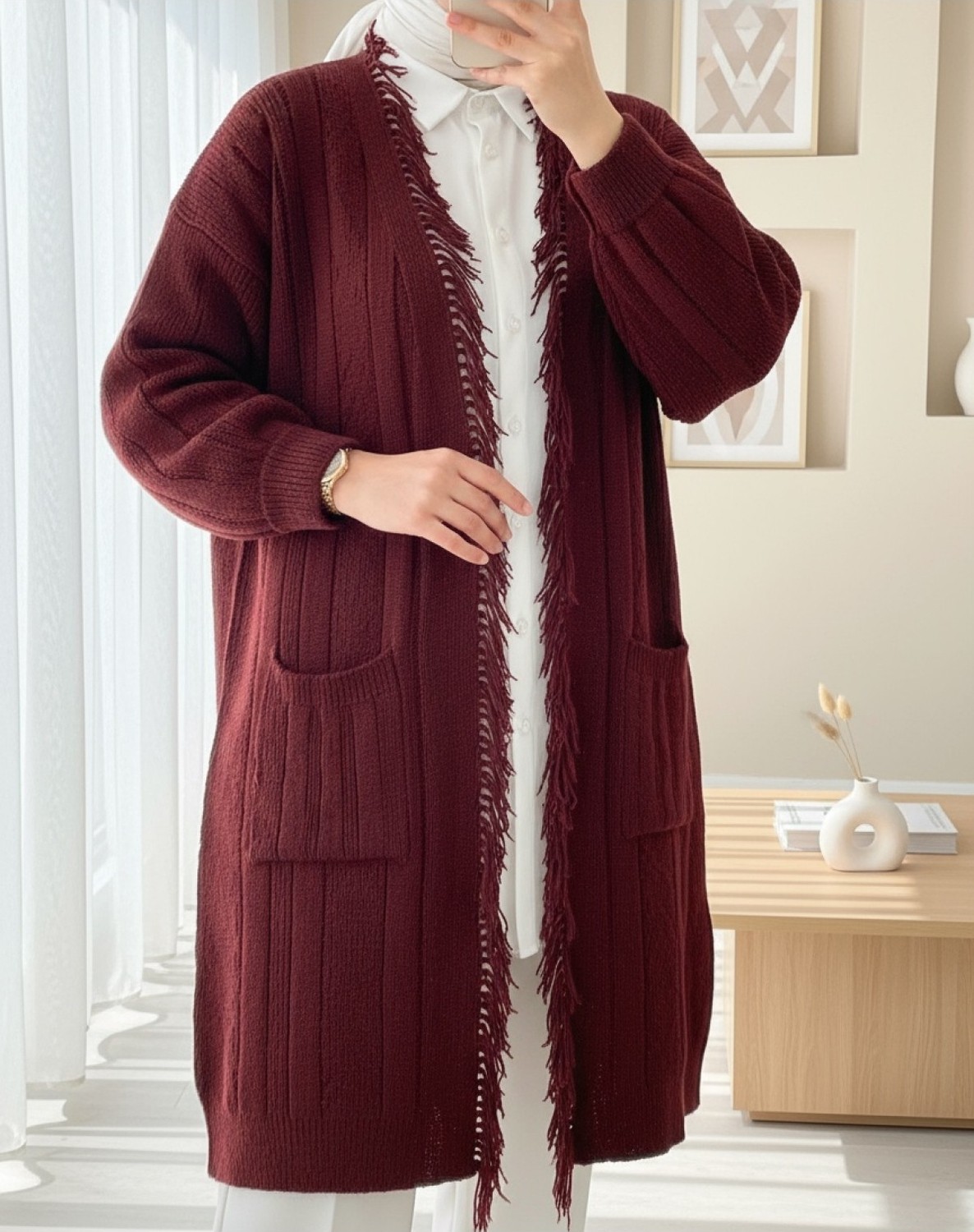 Moda Morfo Püskül Detaylı Cepli Triko Hırka -Bordo