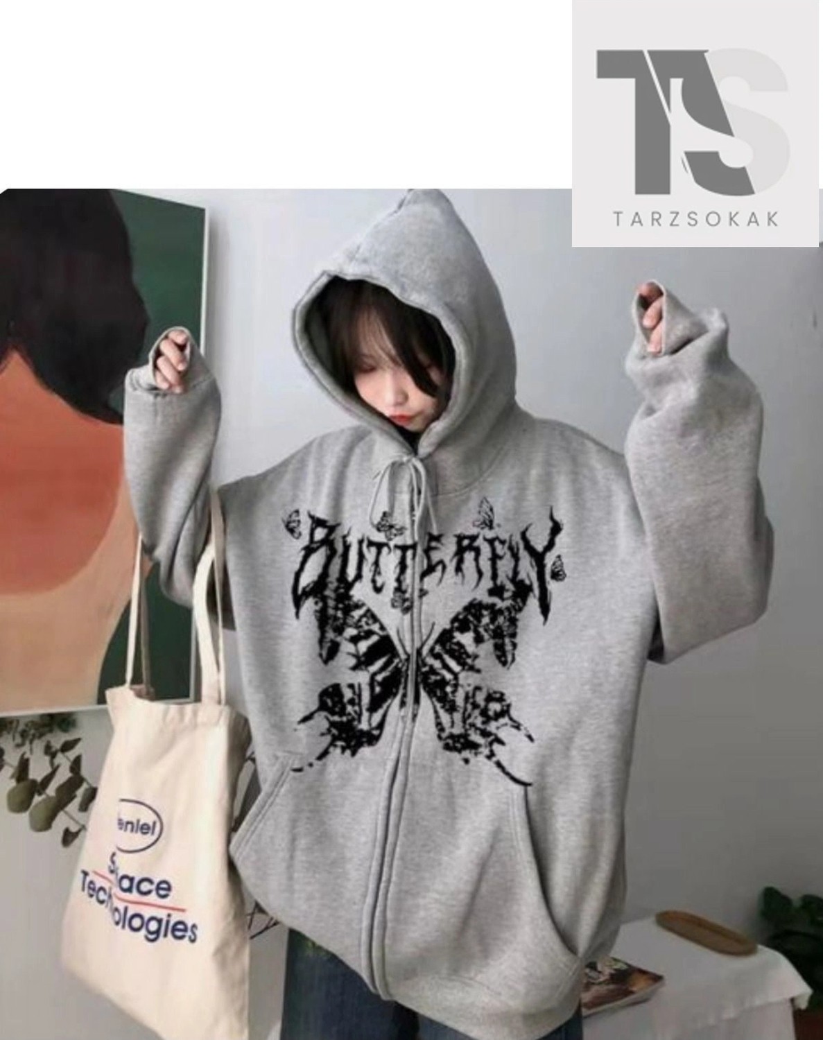 Tarzsokak Gothic Retro Dark Graybutterfly Hooded Baskılı Oversize Fermuarlı Unisex Kapüşonlu