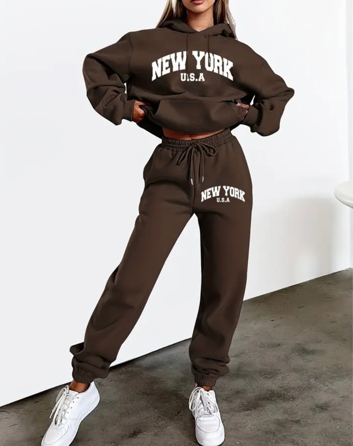 Amor Face Büyük Beden Kadın/kız Kapüşonlu 3 Iplik Yüksek Kalite New York Baskılı Kışlık Eşofman Takımı
