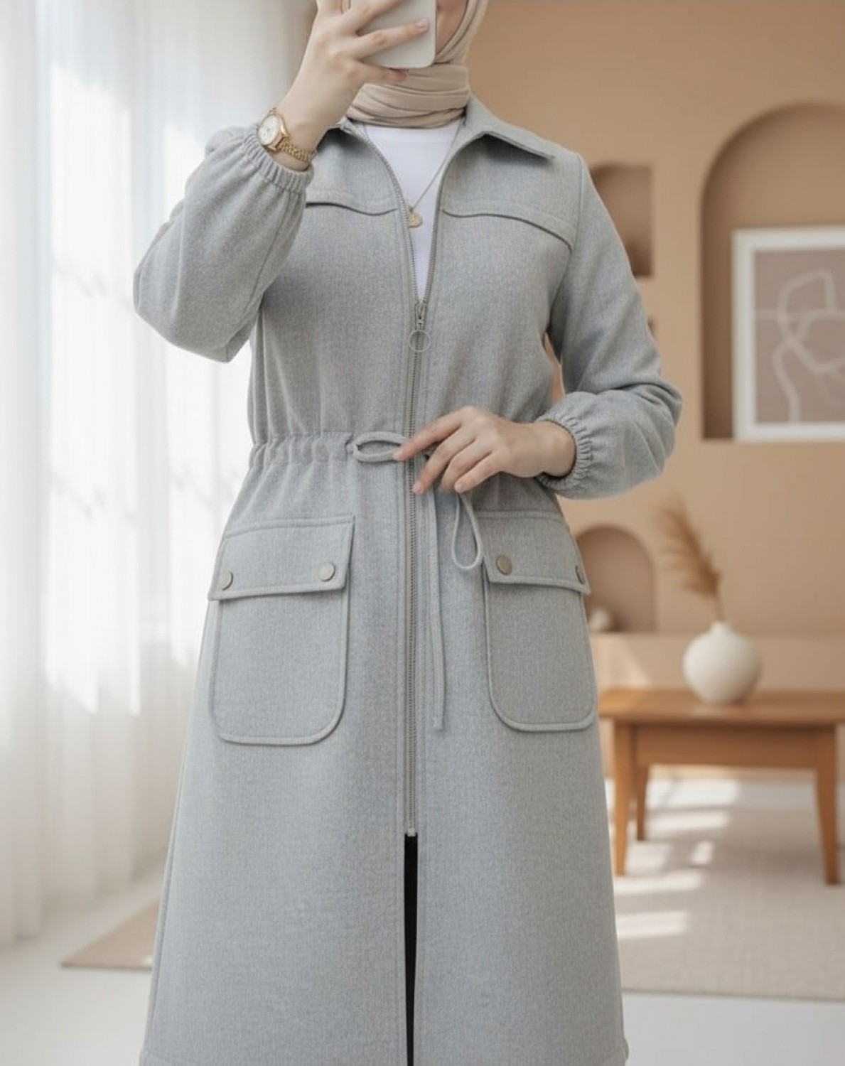 Moda Morfo Kolu Lastikli Top Düğme Cepli Fermuarlı Kaşe Kap -Laci