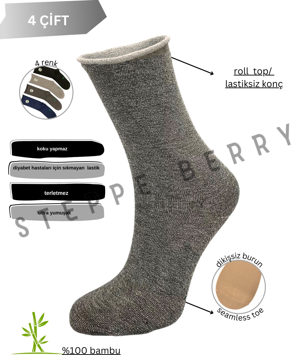 Steppe Berry 4'lü Erkek Lastiksiz Dikişsiz Bambu Uzun Konç Diyabet Çorap görsel 2
