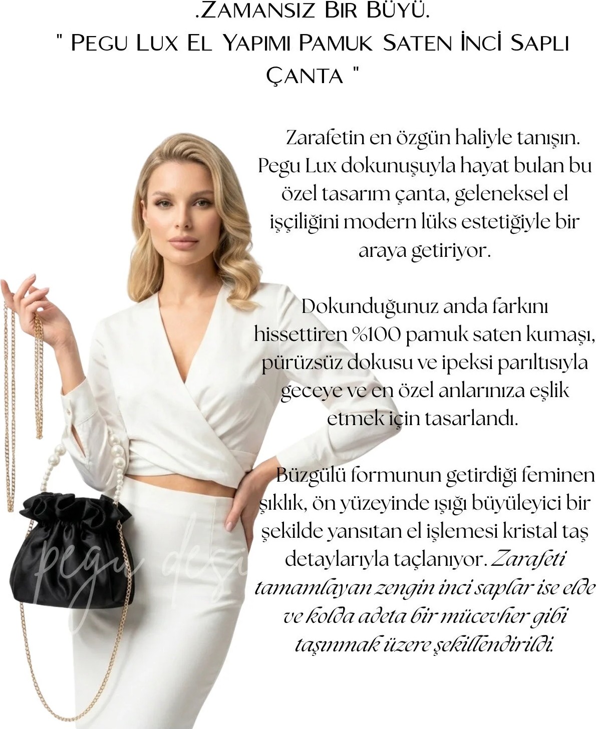Pegu Siyah Pamuk Saten Çanta,kristal Cam Taş Süslemeli Çift Sıra Inci Saplı Siyah Saten Büzgü Günlük / Abiye görsel 4