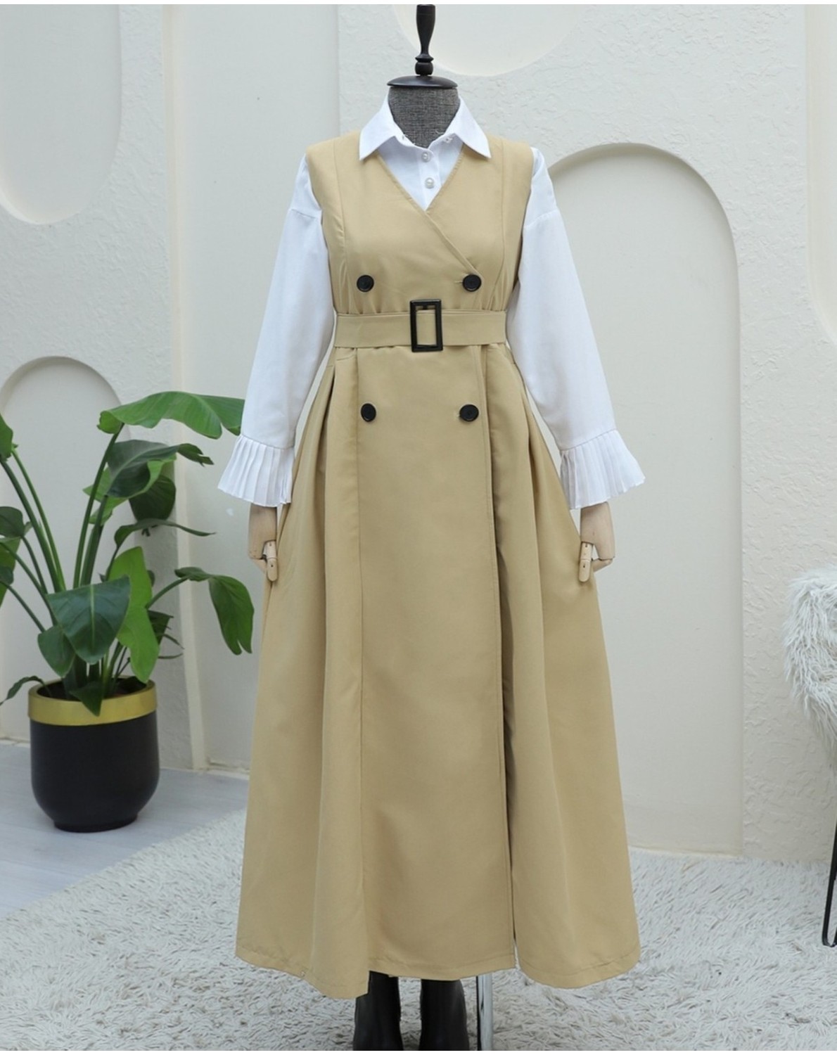 Moda Morfo Eteği Pliseli Bolerolu Kemerli Trençkot -Haki görsel 6