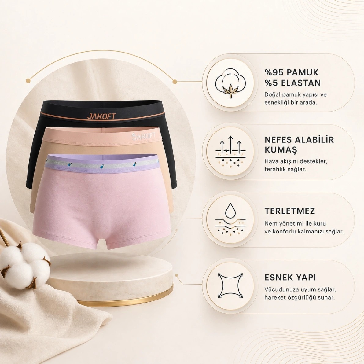 Jakoft Classic Pamuklu Kadın Boxer 3'lü Paket Siyah - Ten - Lila görsel 2