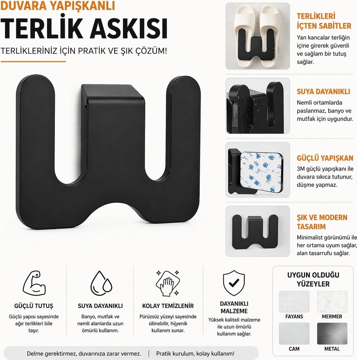OEM Duvara Yapıştırılabilir Terlik Askısı Metal Terlik Organizeri Banyo Terlik Tutucu Yapışkanlı Duvar Askılığı Çift Terlik Aparatı Siyah Minimalist Tasarım görsel 4