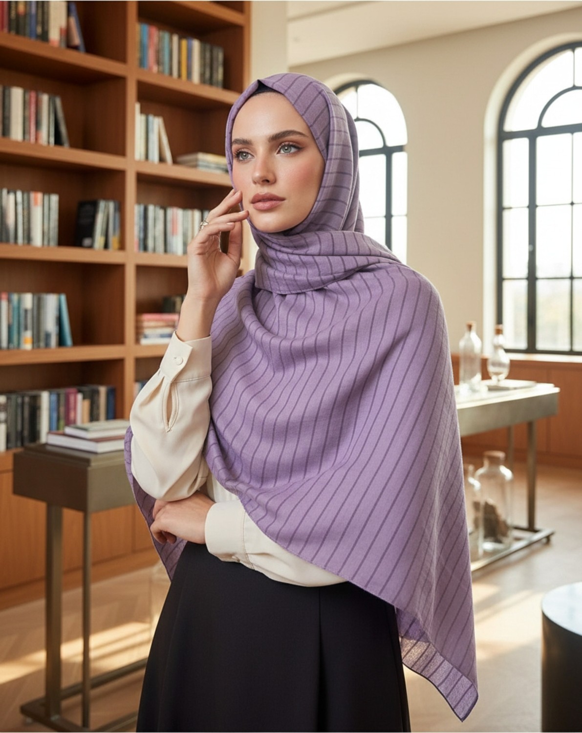 Modakaşmir Moda Kaşmir Satır Çizgili Şal Eflatun görsel 8