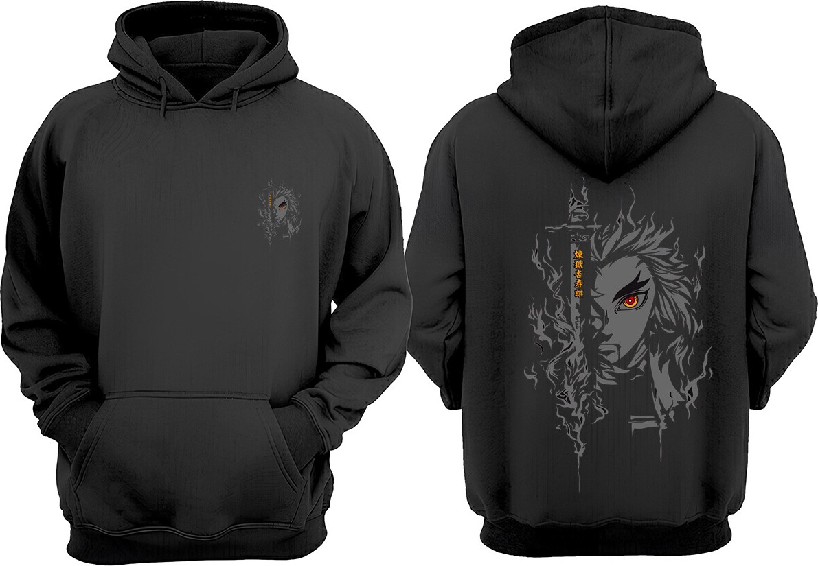 The Wert Unisex Kyojuro Rengoku Tasarım Ön Arka Baskılı Normal Kalıp Siyah Sweatshirt görsel 5