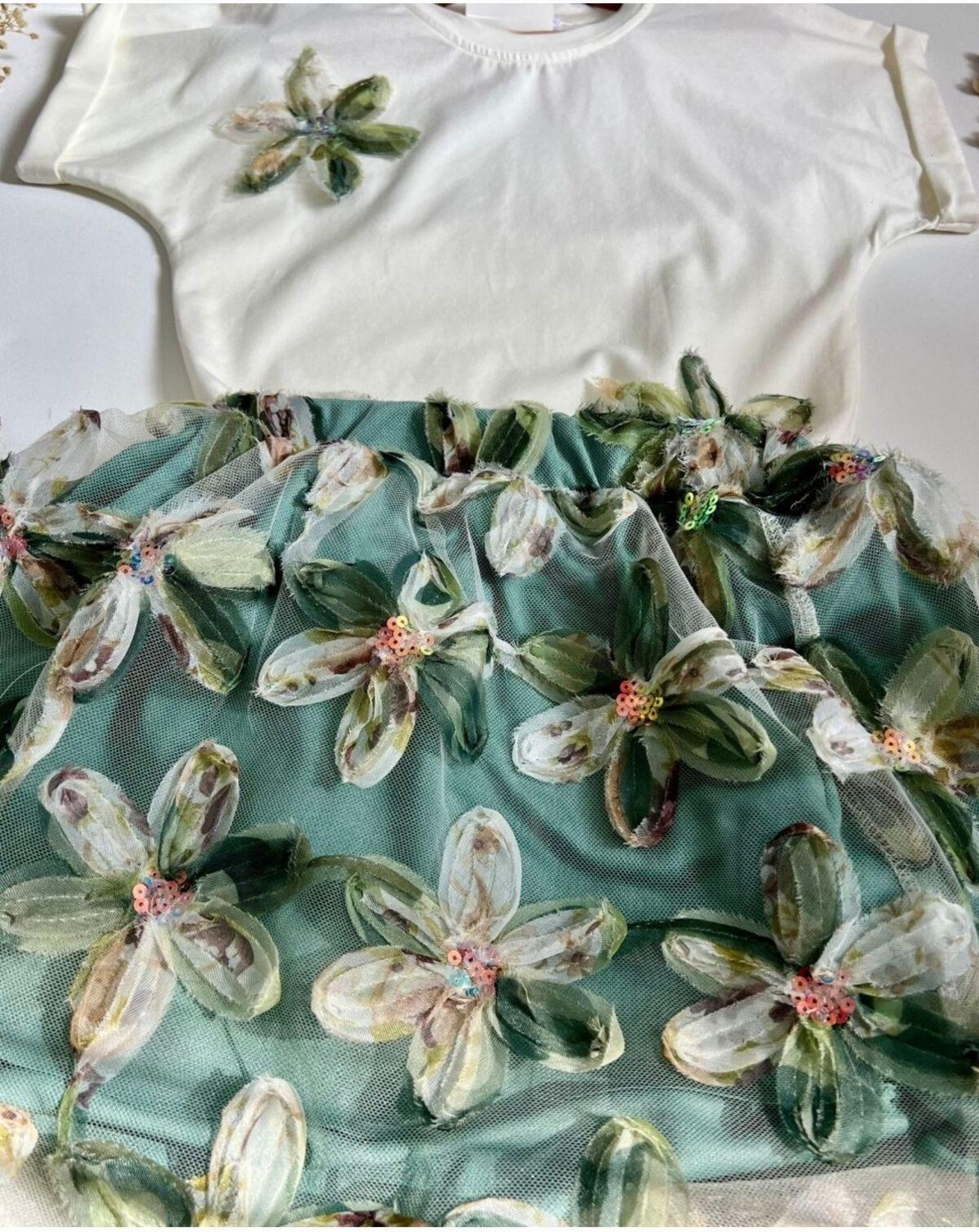 2kids2mom Zambak Detaylı Bisiklet Yaka Kısa Kollu Tshirt ve Etek Bayramlık , Özel Gün Takım görsel 2