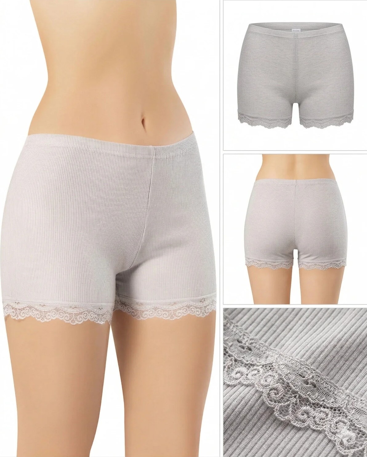 İncili Kadın 3'lü Dantel Paçalı Fitilli Boxer Şort - Pamuklu Esnek Ribana Boxer (Çağla, Pudra, Ten) Xl görsel 3