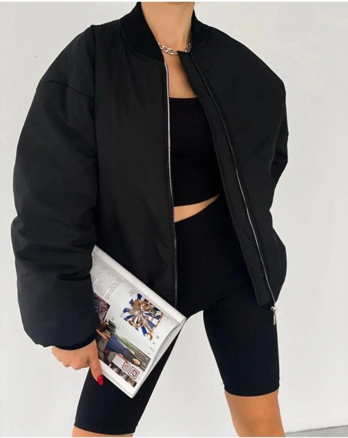 Meecy Unisex Siyah Oversize Bomber Ceket görsel 3