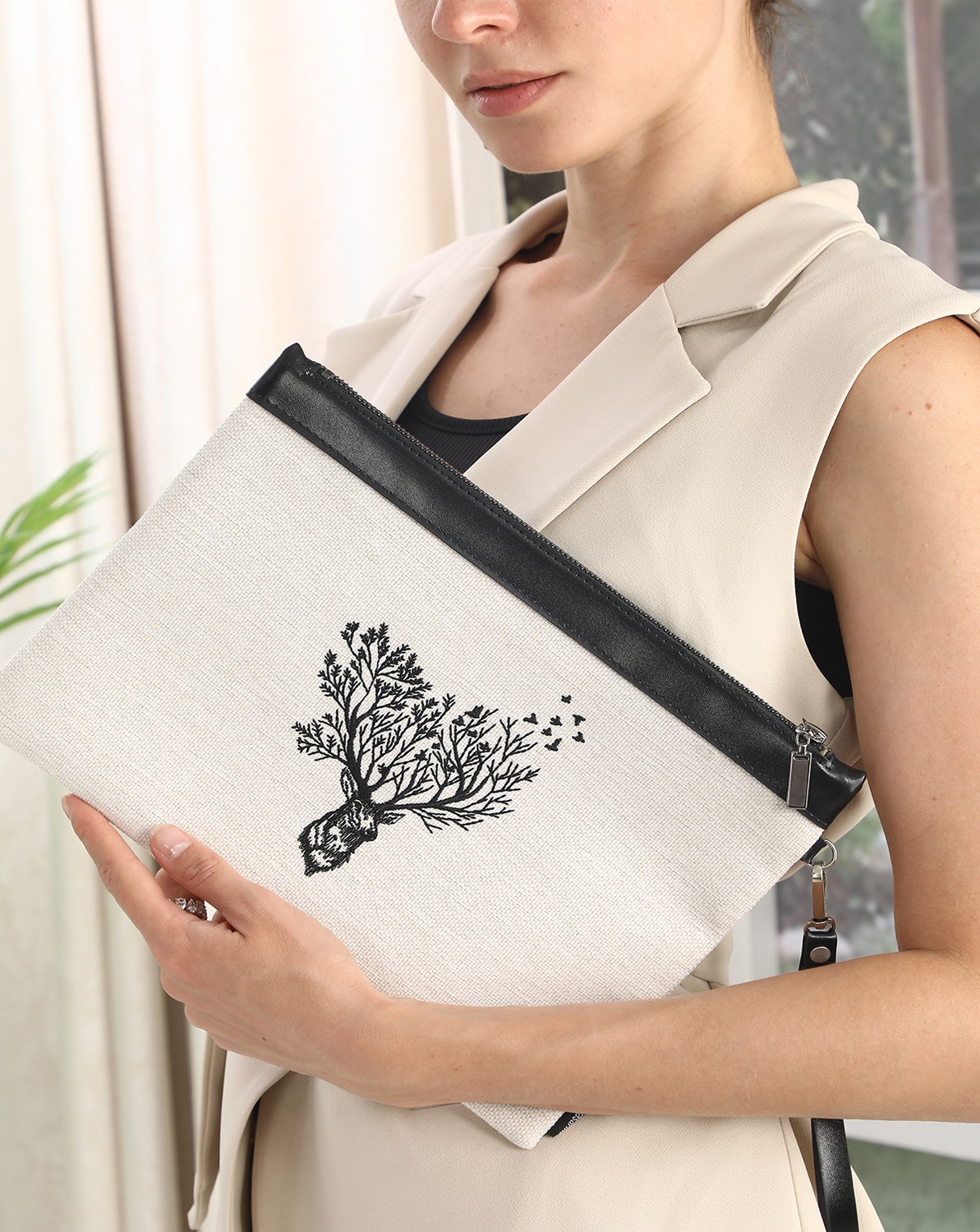Ju Yaratıcı Tasarım Nakışlı Işlemeli Portföy ve Clutch Çanta Geyik Kuş görsel 3