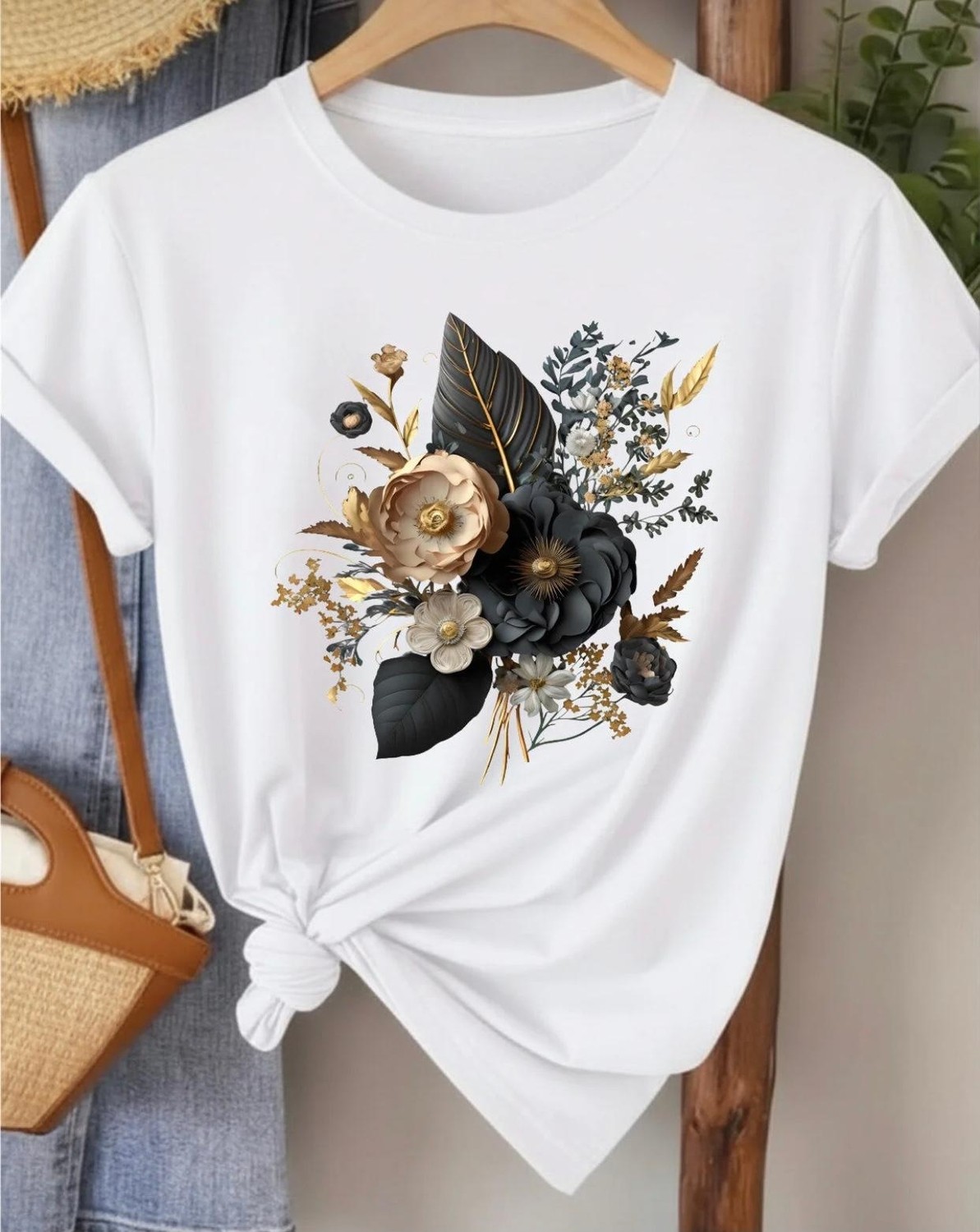 Nigrum Pardus Nıgrum Pardus Yeni Sezon Black Flower Bouquet Baskılı %100 Pamuk Büyük Beden Kadın T-Shirt görsel 3