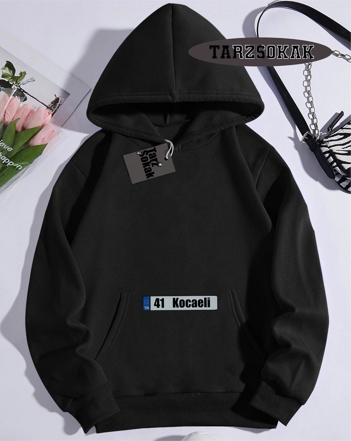 Tarzsokak Kapşonlu Sweatshirt Siyah 41 Kocaeli Özel Tasarım Plaka Detaylı