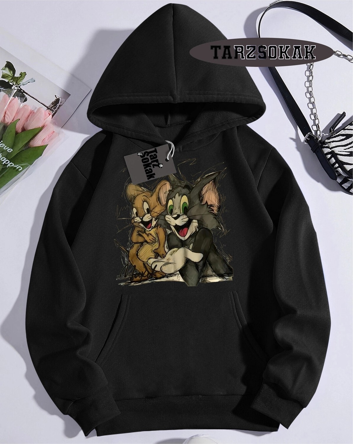 Tarzsokak Kapşonlu Sweatshirt Siyah Tom And Jerry Cartoons Özel Tasarım