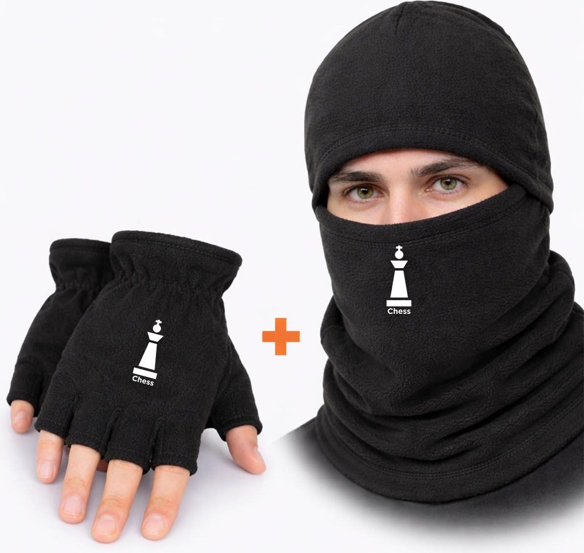 Özbience Satranç Temalı Polar Kesik Eldiven ve Kar Maskesi Seti, Unisex, Şık ve Konforlu