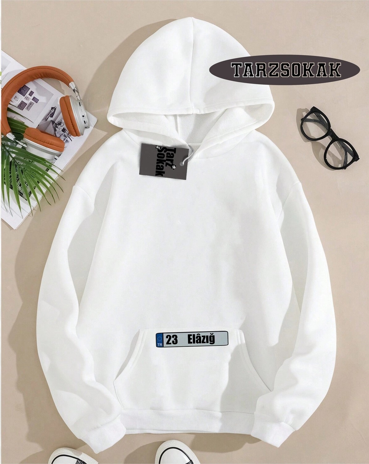 Tarzsokak Kapşonlu Sweatshirt Beyaz 23 Elâzığ Özel Tasarım Plaka Detaylı