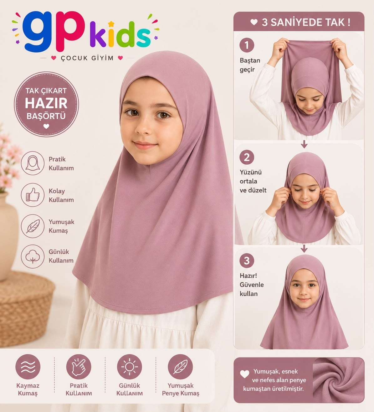 GP Kids Kız Çocuk Pratik Başörtü Penye Hazır Eşarp Mina Model Lila