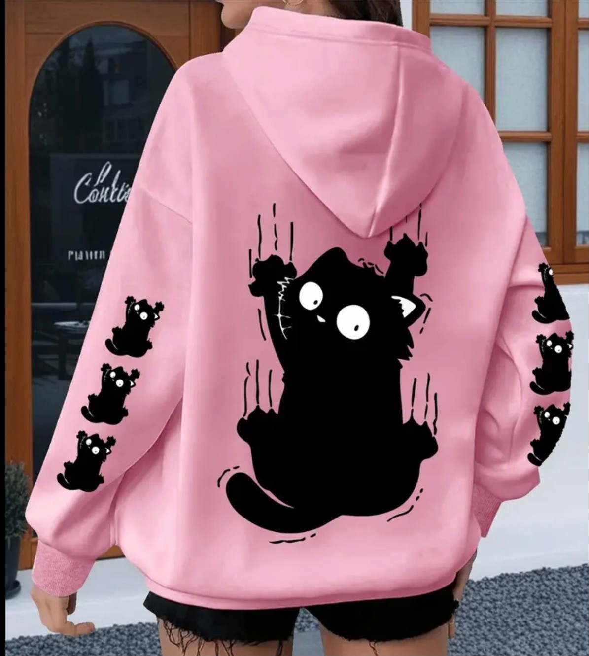 Punix Punıx Büyük Beden Özel Seri Kapüşonlu Siyah Kedi Kol Sırt Baskılı Oversize Modern Kadın Sweatshırt