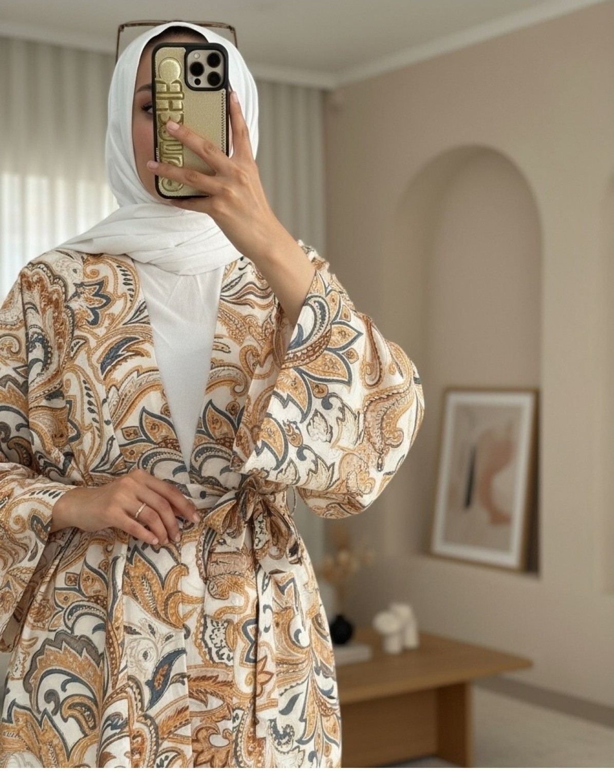 Moda Morfo Beli Bağlamalı Etnik Desen Modal Kimono -Bej görsel 2