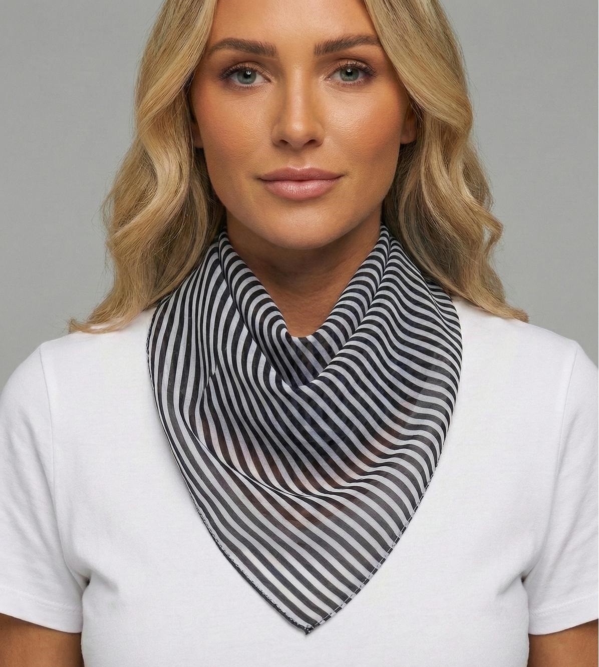 JZ Moda Siyah Beyaz Çizgili Şifon Fular - Kare Boyun Fuları ve Çanta Aksesuarı (50X50CM) görsel 4