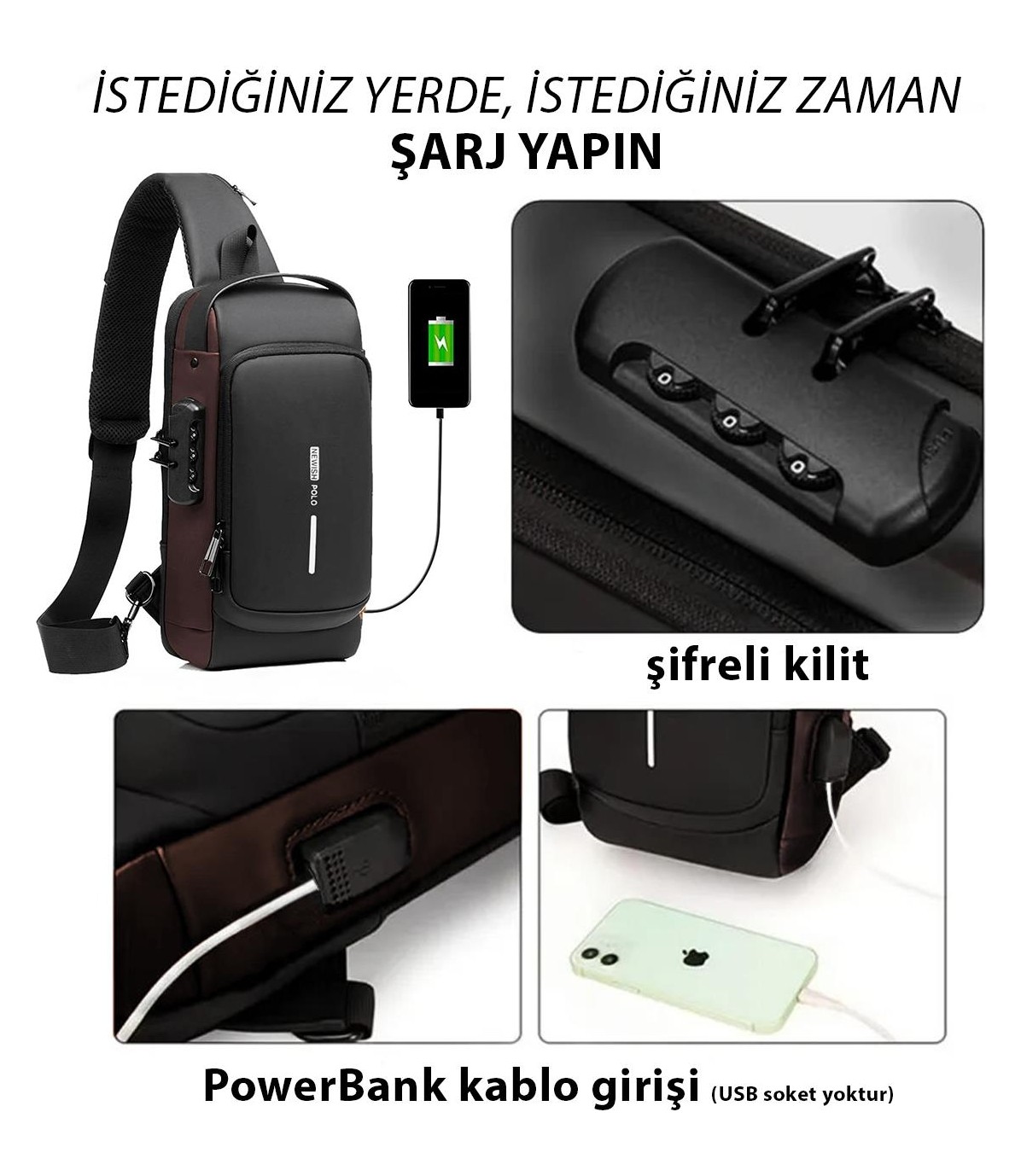 Newish Polo Erkek Siyah Usb Çıkışlı Çapraz Askılı Omuz ve Bel Çantası newpolo222 görsel 7