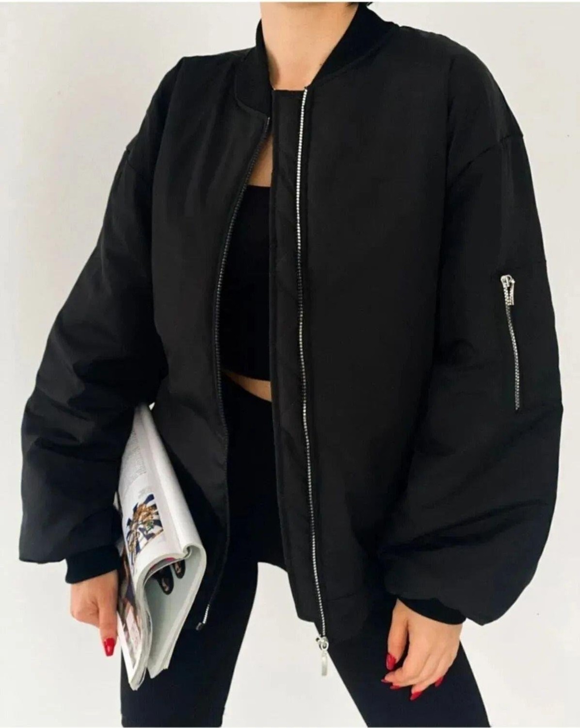 Meecy Unisex Siyah Oversize Bomber Ceket görsel 2