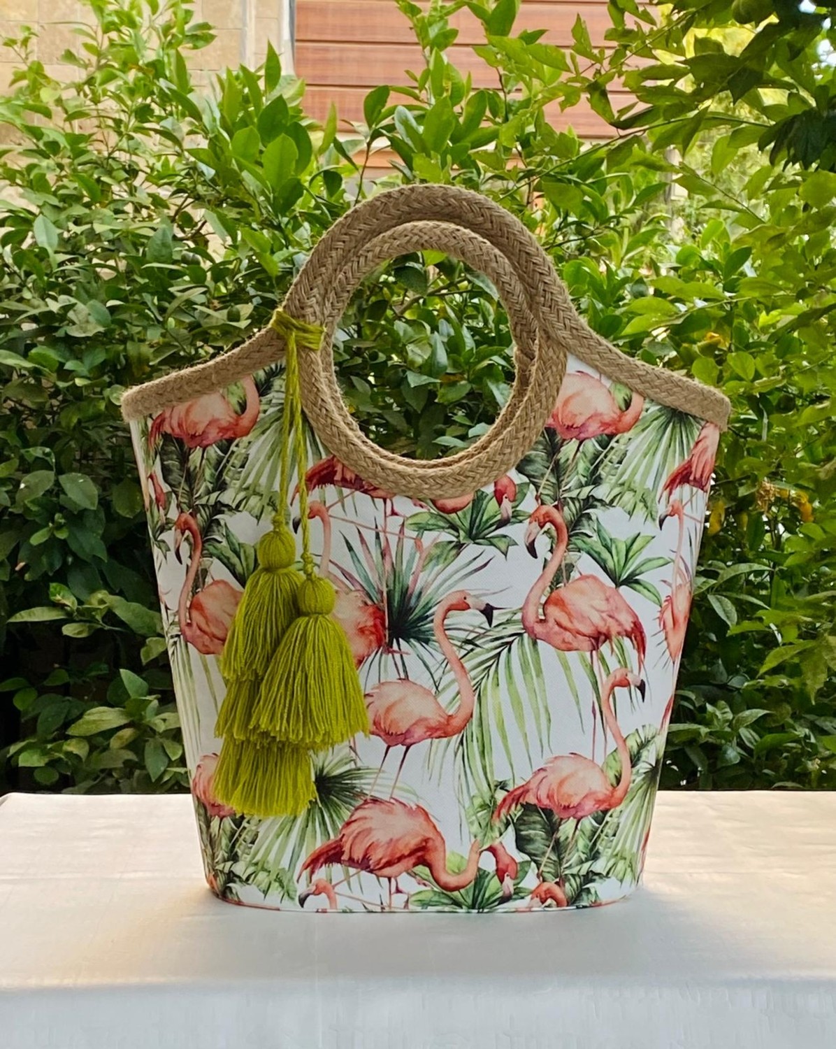 Çanta Tasarımcısı Plaj Çantası Flamingo Yeşil Yapraklı görsel 4