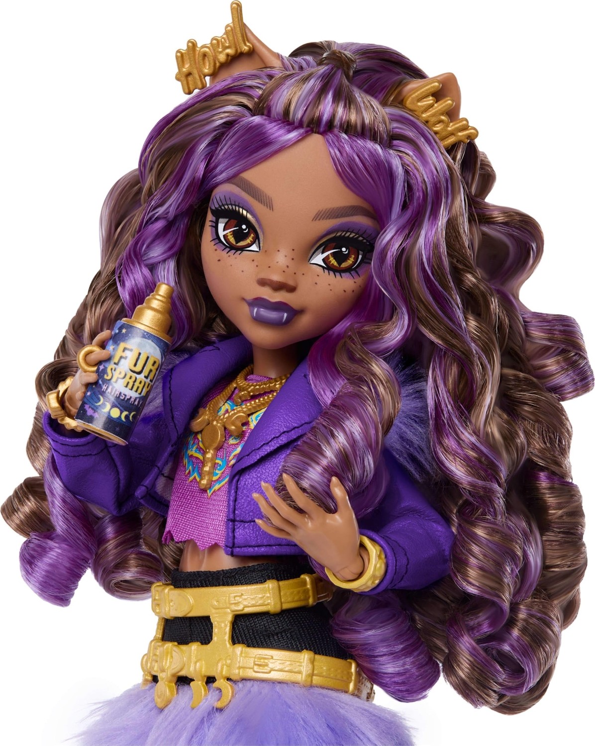 Die Grup Monster High Mor Motosiklet Ceketi ve Tüylü Etek Giyen Monster High Clawdeen Wolf Bebek, Kurt Crescent ve Kitap, Kruvasan ve Çanta Gibi 7 Aksesuar, JHK30 görsel 3