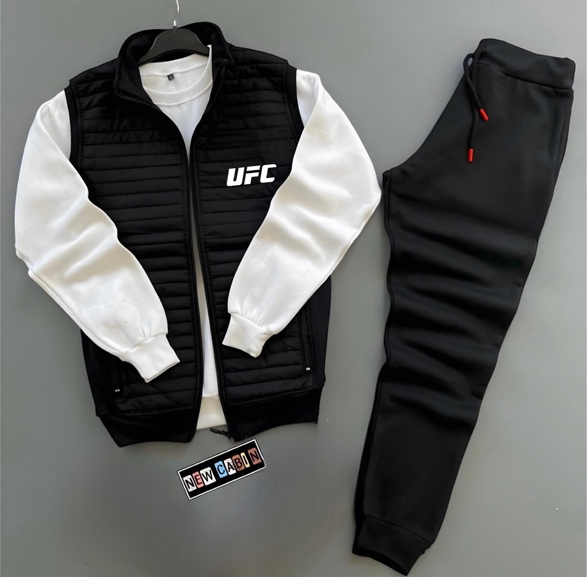 Risil-Nu Company Ufc Baskılı Kapitone Triko Detaylı Yelek-Kışlık Eşofman Altı-Sweatshirt 3'lü Alt Üst Takım