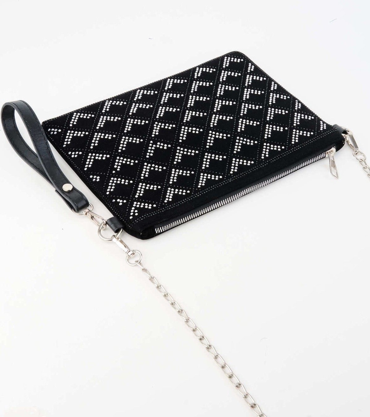 Vivaq Kadın Sıralı V Gümüş Taşlı Süet Bilek Askılı ve Zincir Askılı Portföy ve Clutch Çanta görsel 3
