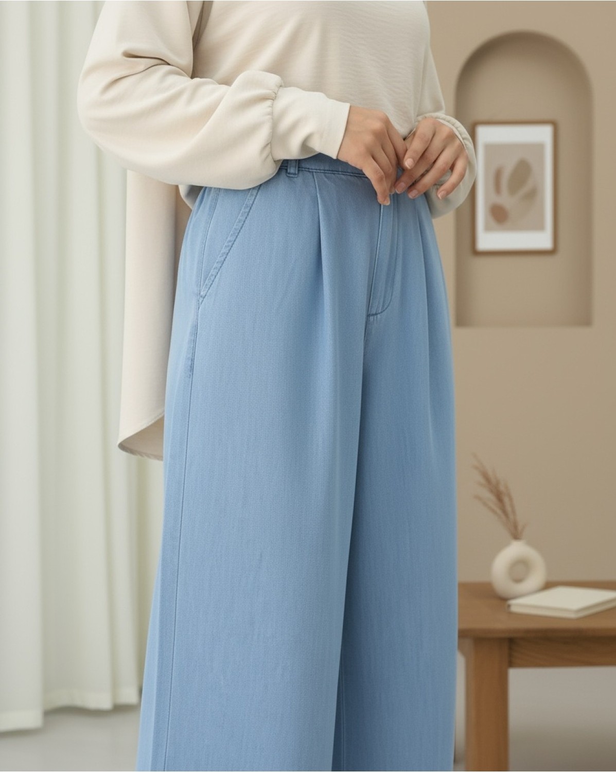 Moda Morfo Yarım Lastikli Çift Cepli Bol Paça Kot Pantolon -Açık Mavi