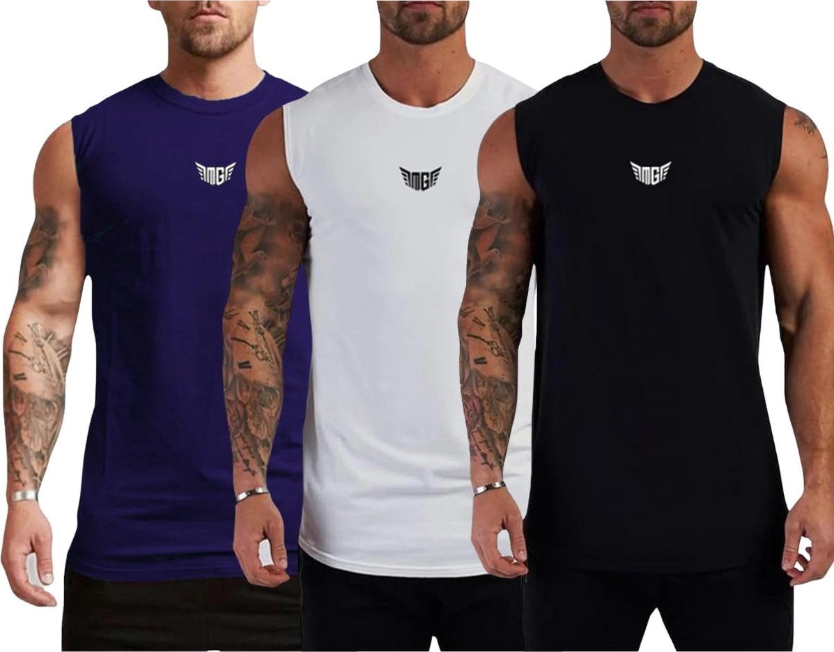 Aesco Erkek Nem Emici Hızlı Kuruma Atletik Teknik Performans Sporcu Sıfır Kol T-Shirt (Lacivert-Beyaz-Siyah, S)