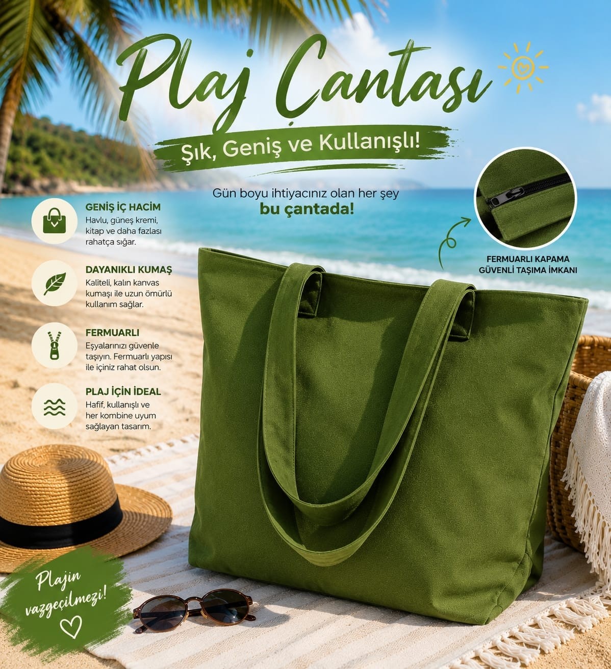 Azer Çanta Plaj Çantası - Fermuarlı - Geniş Kullanışlı - Lüks Plaj Çantası görsel 4