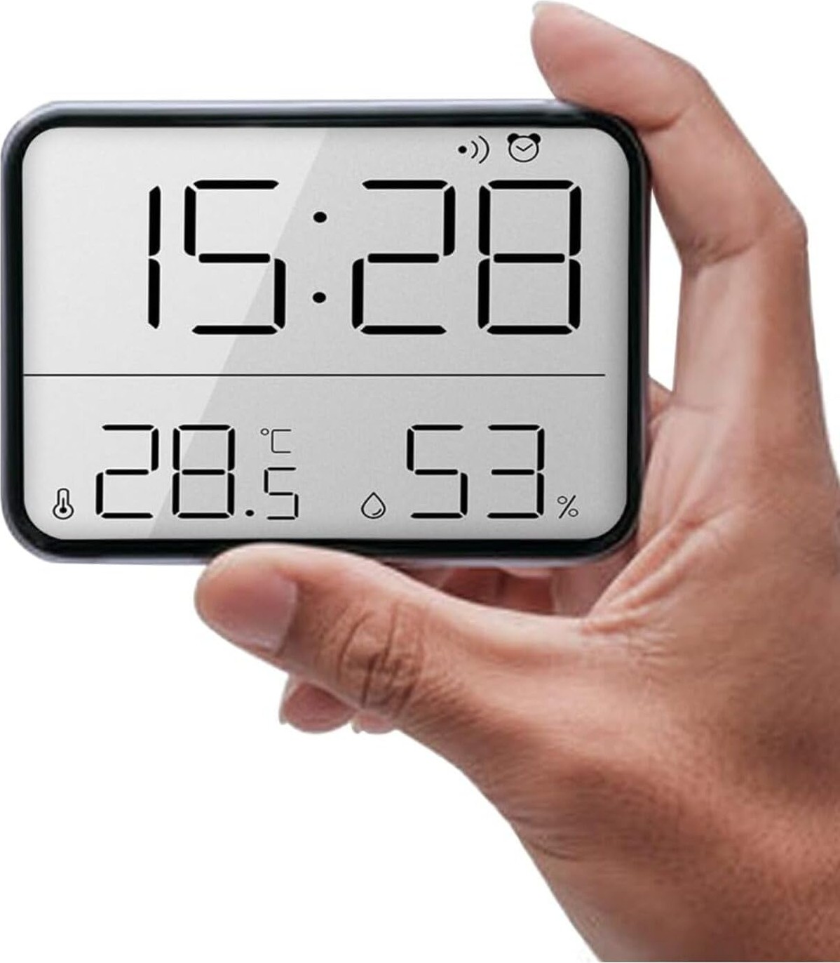 Özkaya Store Dijital Mini Saat LCD Ultra Ince Mıknatıslı Buzdolabı Saati Alarmlı Nem ve Sıcaklık Göstergeli 9X7CM