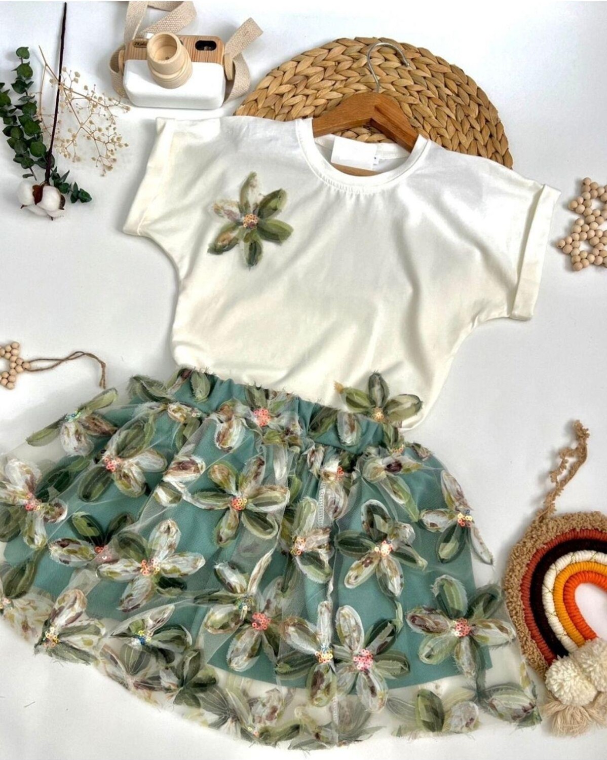 2kids2mom Zambak Detaylı Bisiklet Yaka Kısa Kollu Tshirt ve Etek Bayramlık , Özel Gün Takım